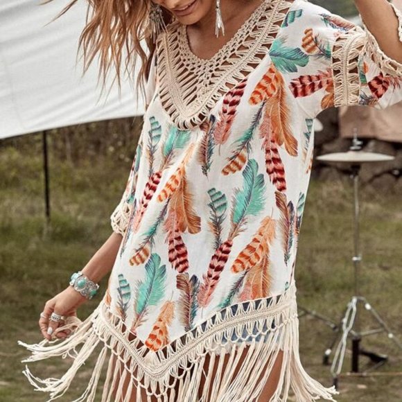 Boho Tribal Feather Print Fringe Detail TOp - Picture 6 of 8